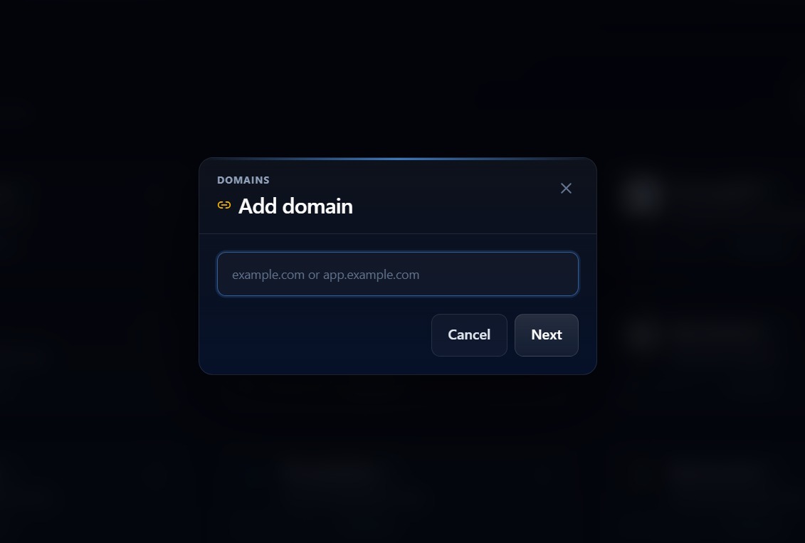 GeminiLaunch Add domain modal with domain name input field