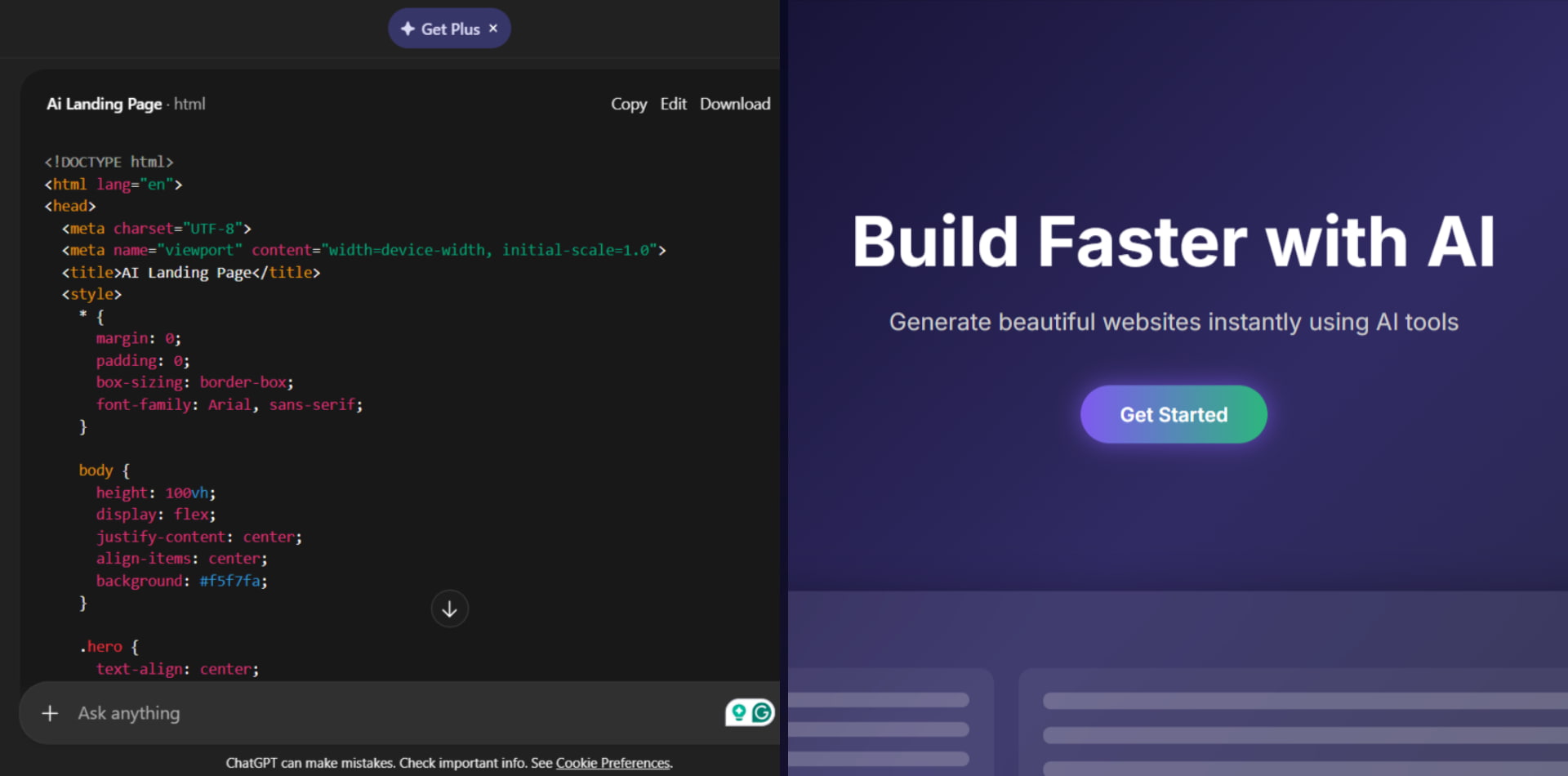 ChatGPT HTML code beside a live landing page preview — from AI output to published site