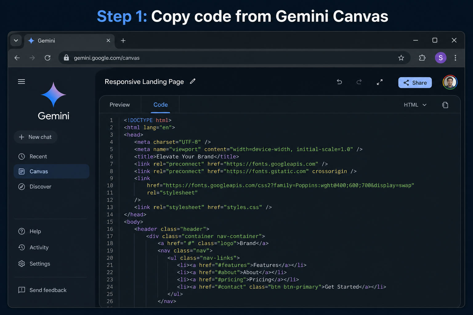 Gemini Canvas code view with HTML ready to copy