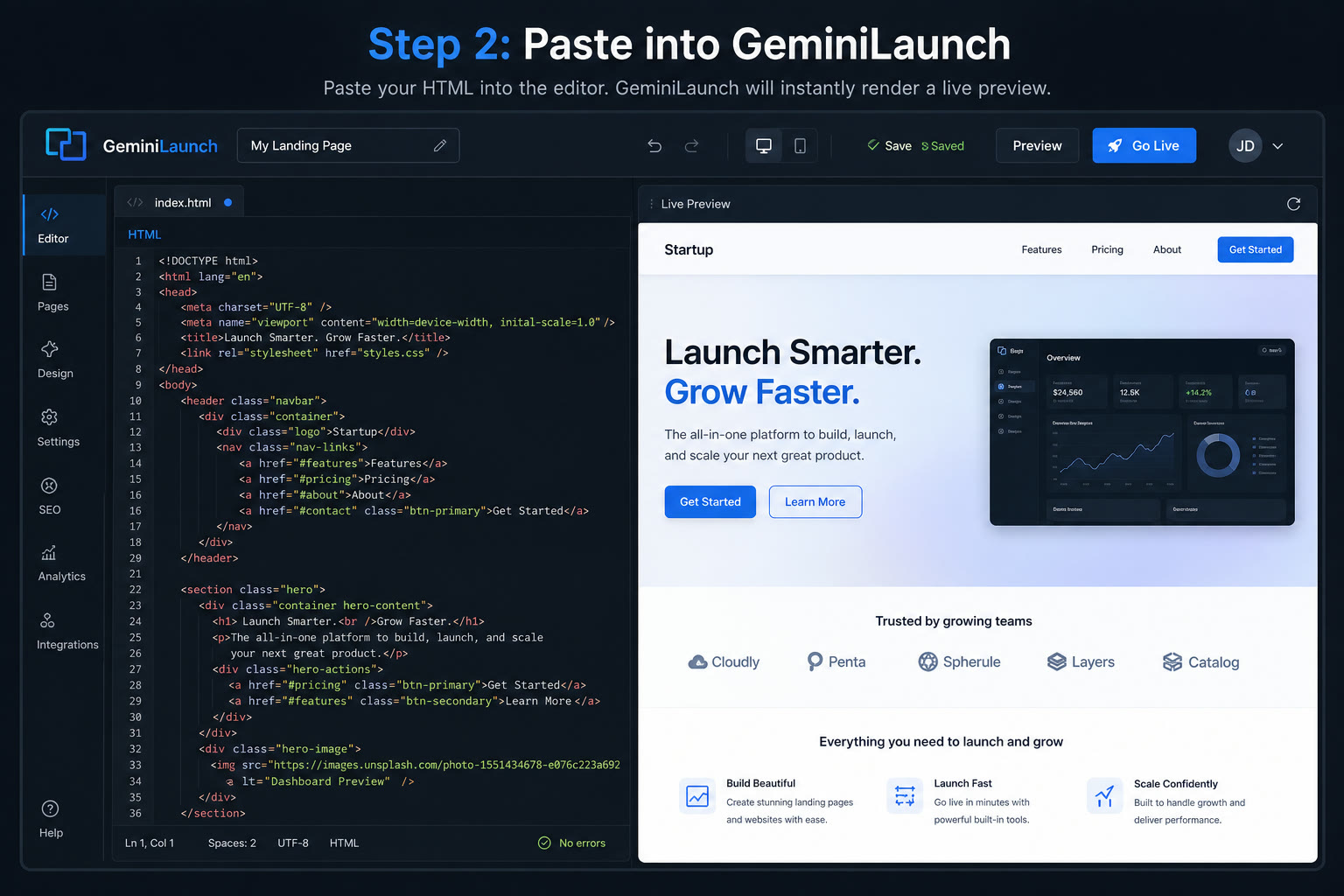 Pasting Gemini code into the GeminiLaunch editor before publishing