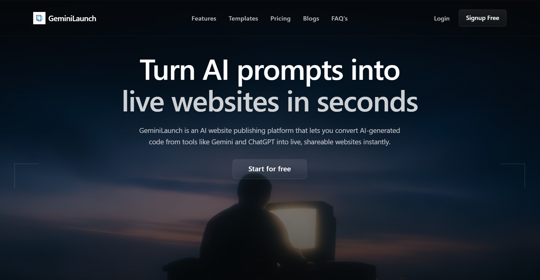 GeminiLaunch homepage — AI website publishing platform