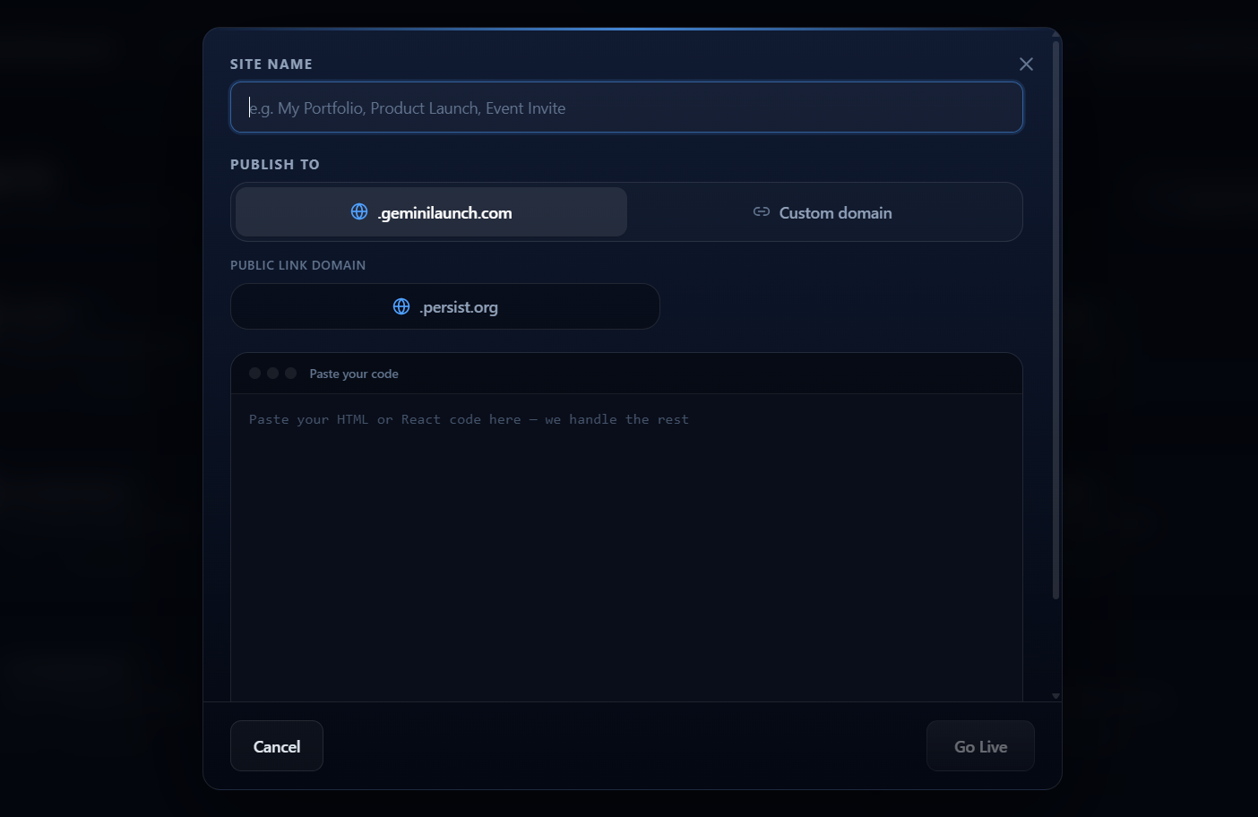 GeminiLaunch publish modal showing project name input and code paste area