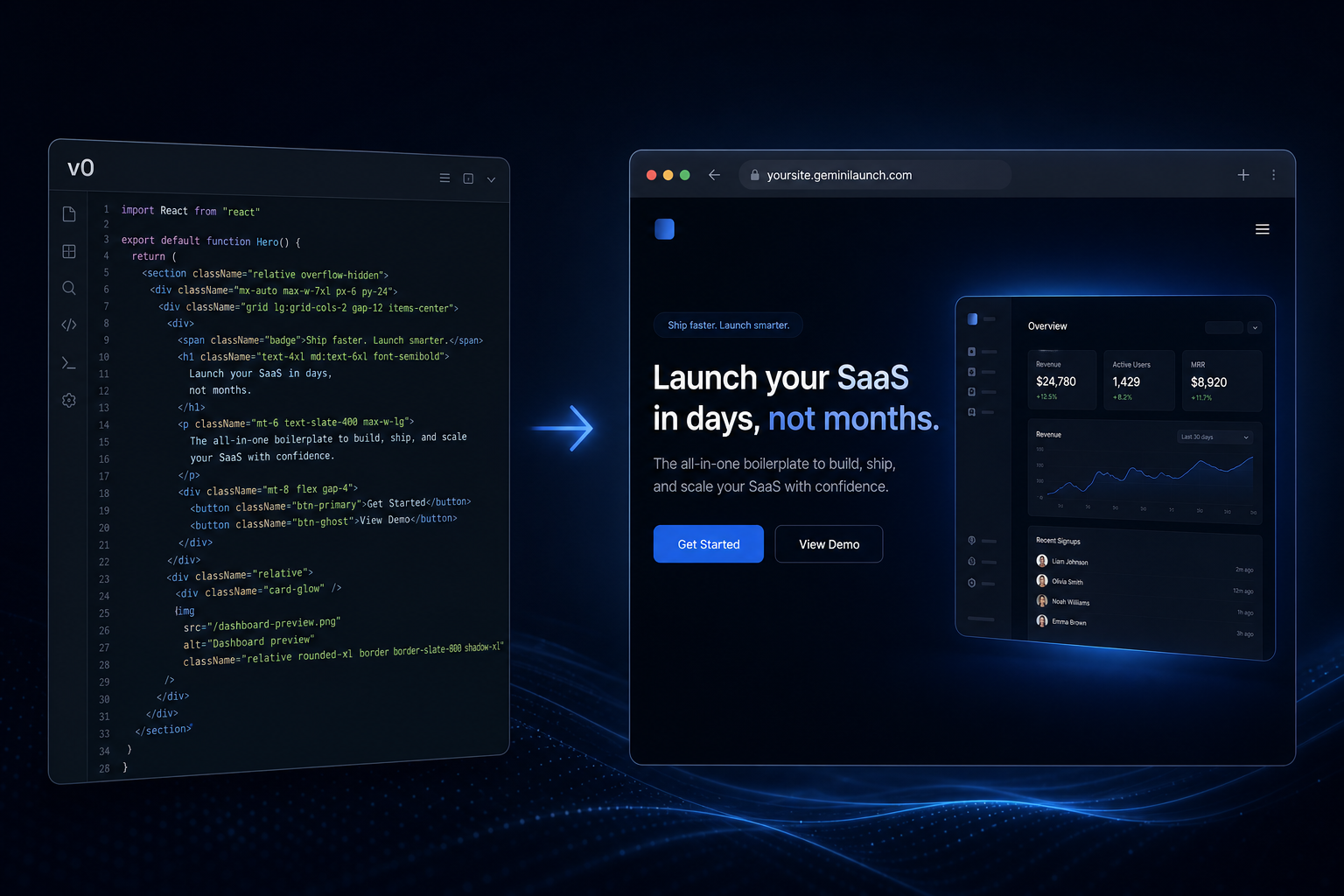 v0.dev generated code being published to a live website on GeminiLaunch